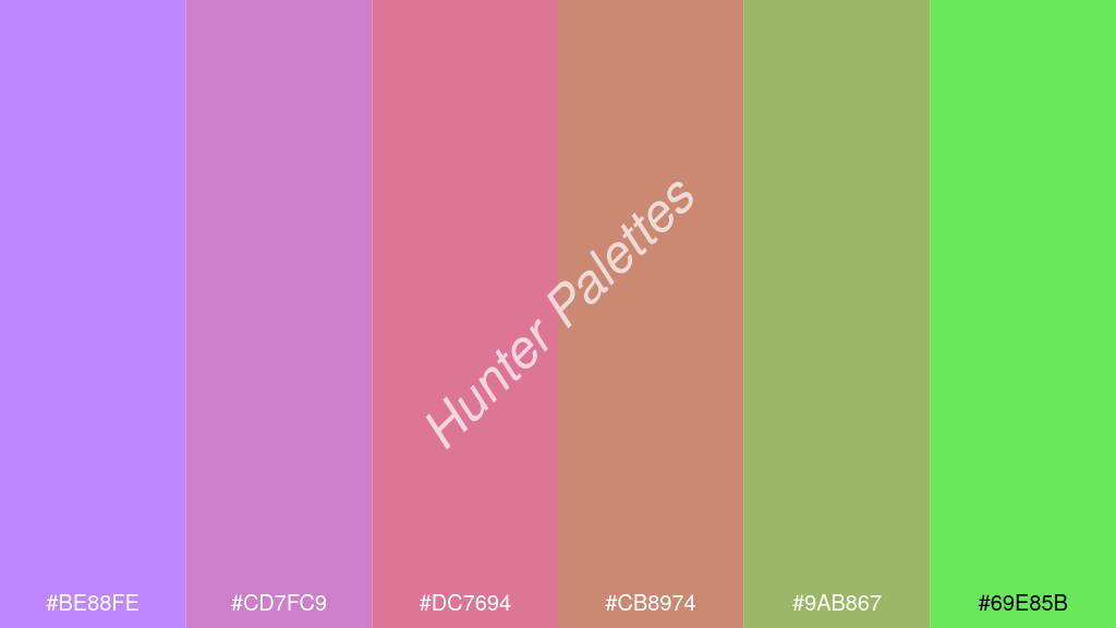 korall szín palettája a következőkkel: #be88fe #cd7fc9 #dc7694 #cb8974 #9ab867 #69e85b
