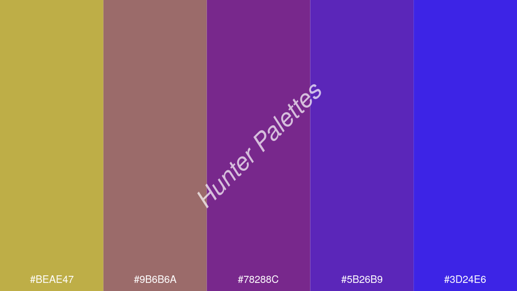 ibolya szín palettája a következőkkel: #beae47 #9b6b6a #78288c #5b26b9 #3d24e6