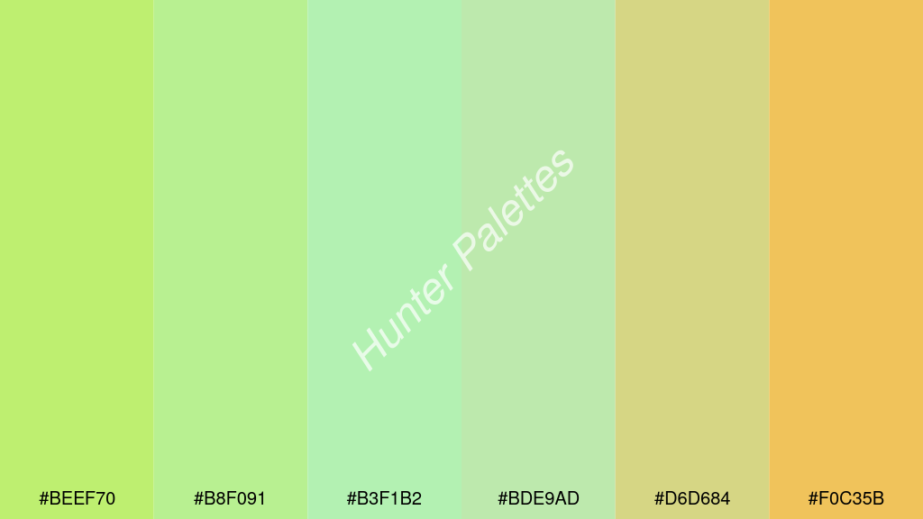 pasztellzöld szín palettája a következőkkel: #beef70 #b8f091 #b3f1b2 #bde9ad #d6d684 #f0c35b