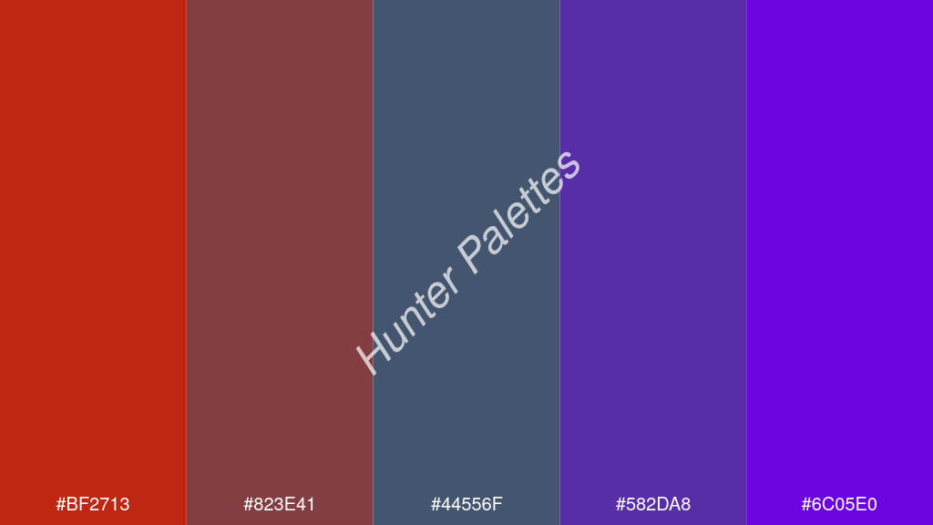 kékes szürke szín palettája a következőkkel: #bf2713 #823e41 #44556f #582da8 #6c05e0