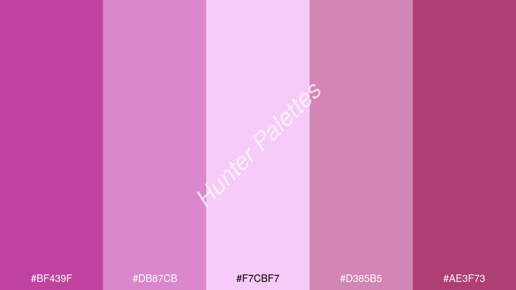 világos rózsaszín szín palettája a következőkkel: #bf439f #db87cb #f7cbf7 #d385b5 #ae3f73