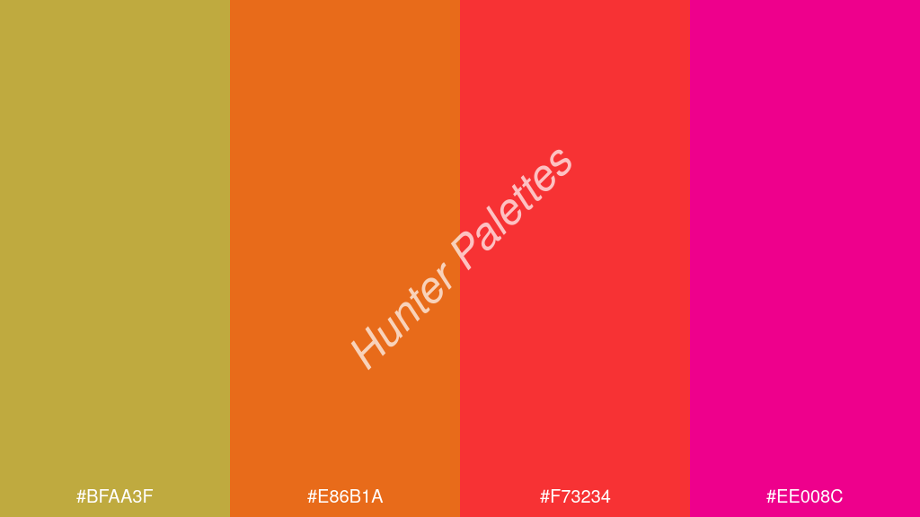 fluoreszkáló narancs szín palettája a következőkkel: #bfaa3f #e86b1a #f73234 #ee008c