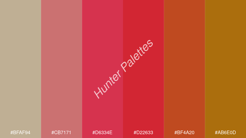 bíbor szín palettája a következőkkel: #bfaf94 #cb7171 #d6334e #d22633 #bf4a20 #ab6e0d