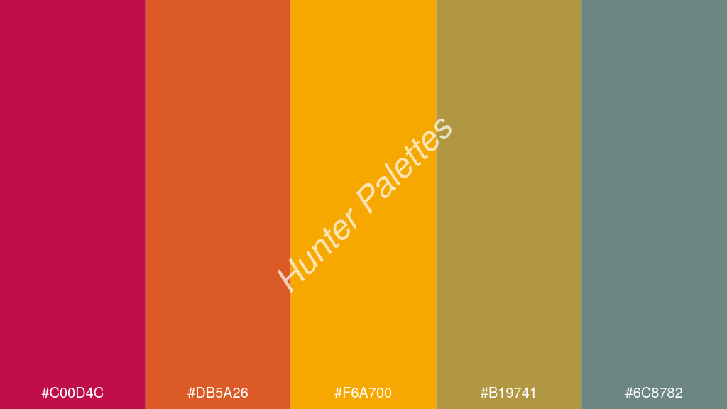 mustársárga szín palettája a következőkkel: #c00d4c #db5a26 #f6a700 #b19741 #6c8782