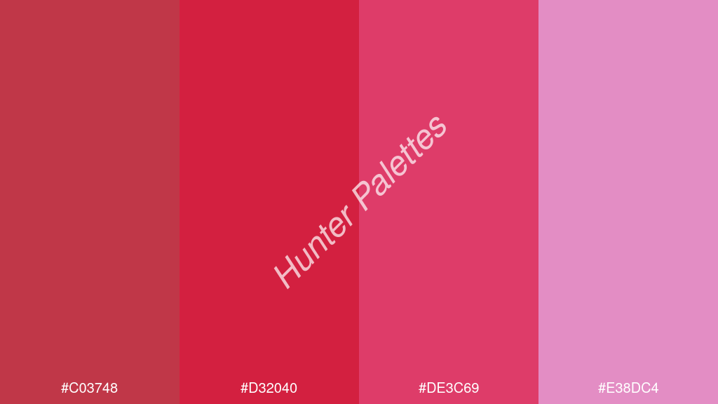 bíbor szín palettája a következőkkel: #c03748 #d32040 #de3c69 #e38dc4