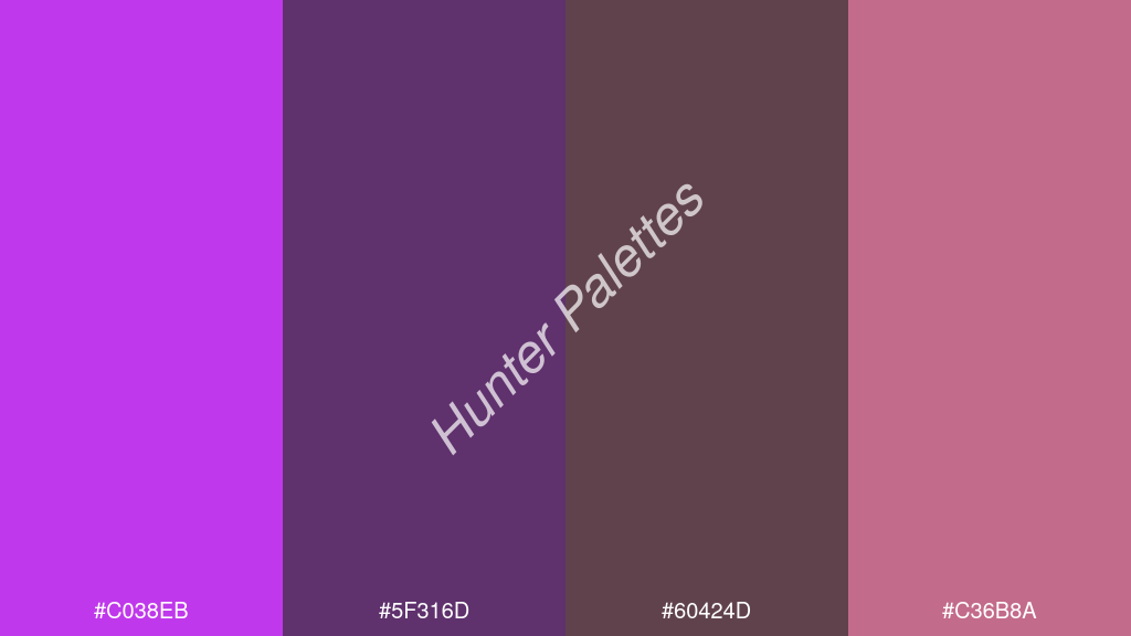 sötét szürke szín palettája a következőkkel: #c038eb #5f316d #60424d #c36b8a