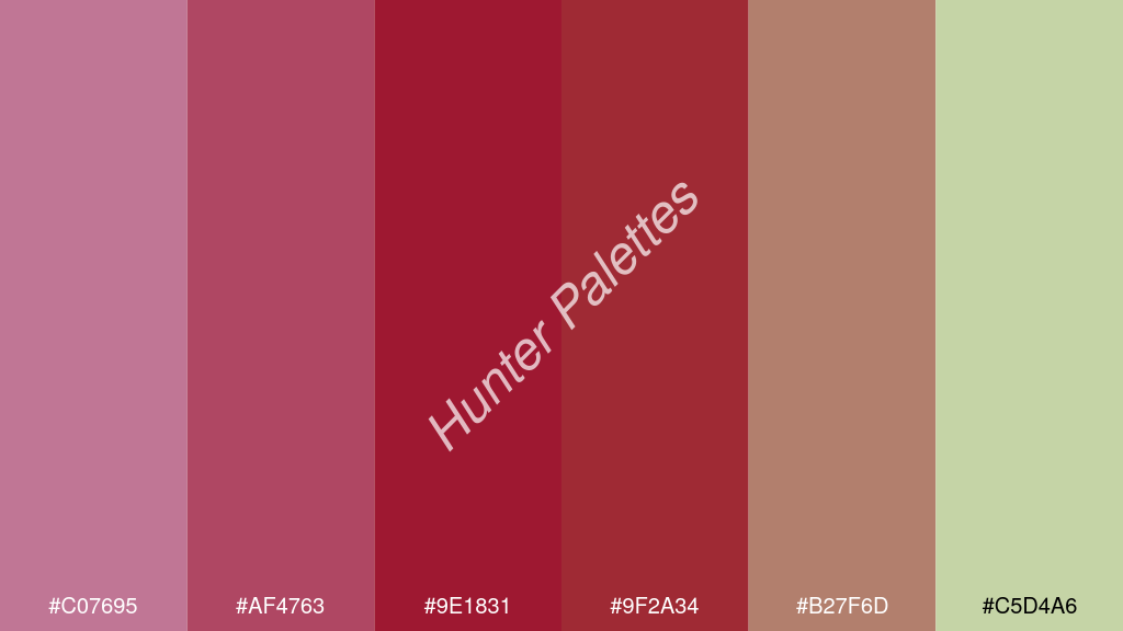 karmazsin szín palettája a következőkkel: #c07695 #af4763 #9e1831 #9f2a34 #b27f6d #c5d4a6