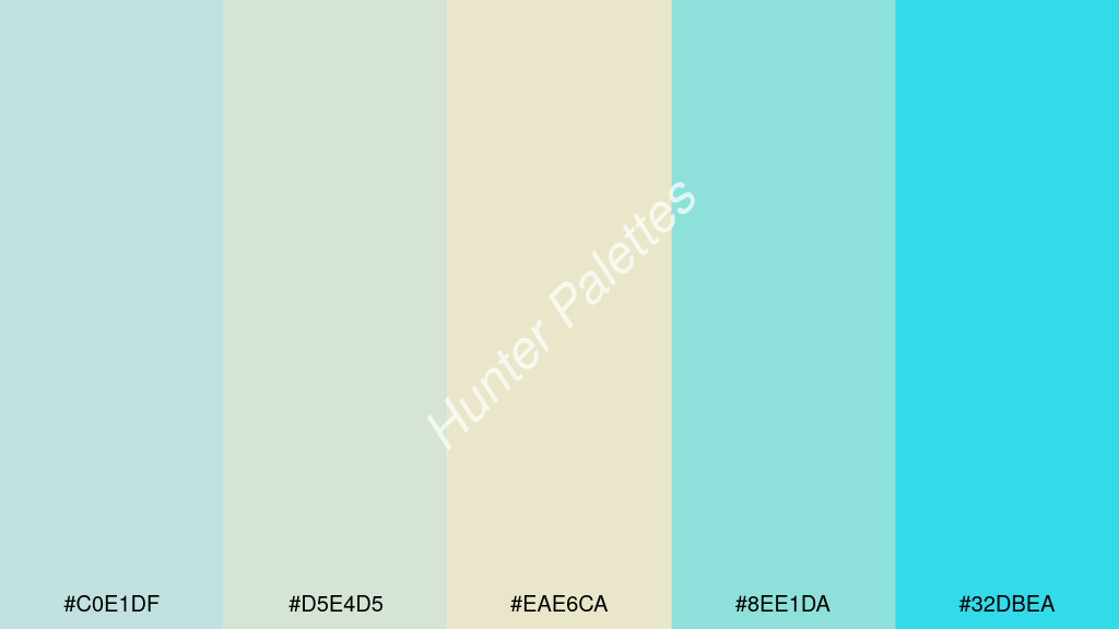 gyöngyház fehér szín palettája a következőkkel: #c0e1df #d5e4d5 #eae6ca #8ee1da #32dbea