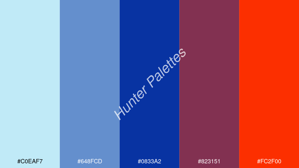 királykék szín palettája a következőkkel: #c0eaf7 #648fcd #0833a2 #823151 #fc2f00