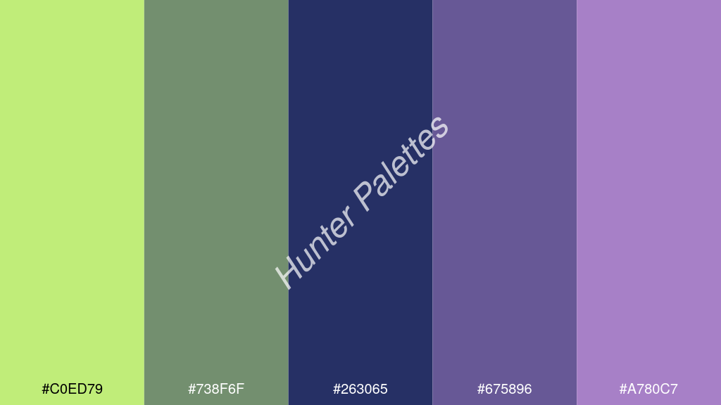kobaltkék szín palettája a következőkkel: #c0ed79 #738f6f #263065 #675896 #a780c7