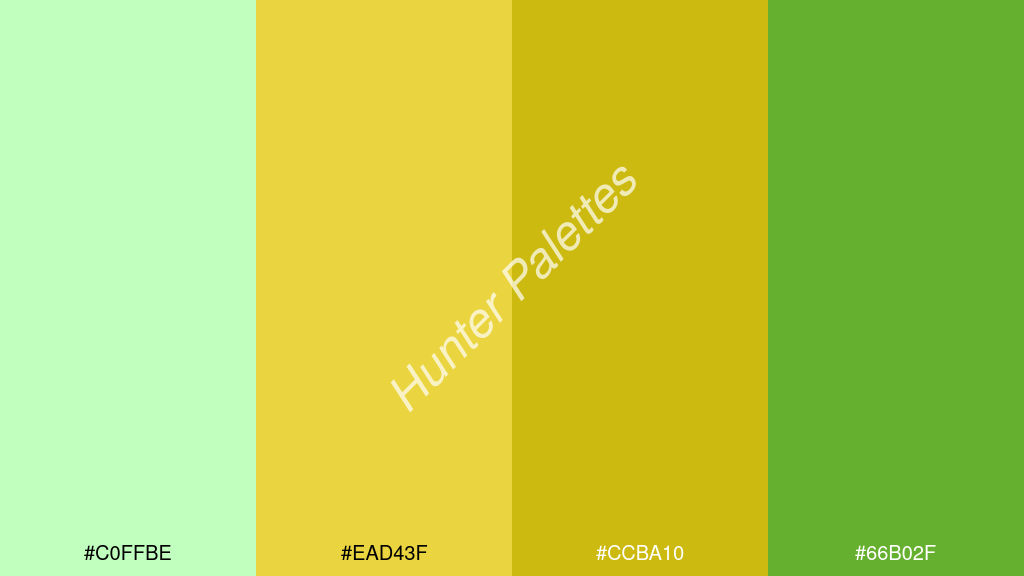 borostyán szín palettája a következőkkel: #c0ffbe #ead43f #ccba10 #66b02f