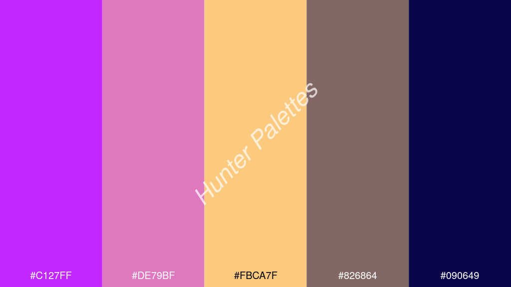 dinnye szín palettája a következőkkel: #c127ff #de79bf #fbca7f #826864 #090649