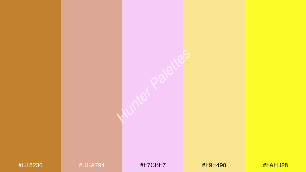világos rózsaszín szín palettája a következőkkel: #c18230 #dca794 #f7cbf7 #f9e490 #fafd28
