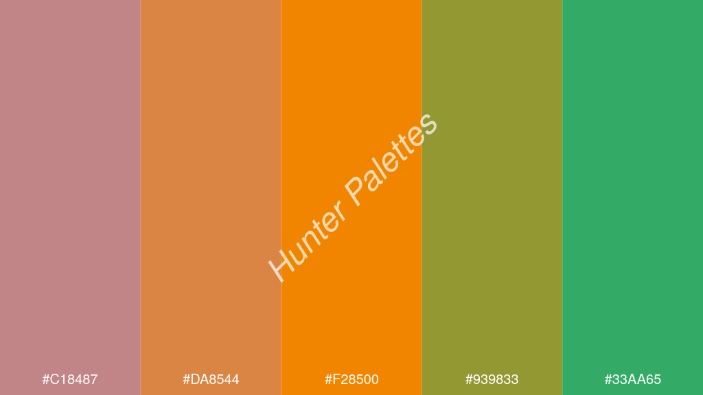 mandarin szín palettája a következőkkel: #c18487 #da8544 #f28500 #939833 #33aa65
