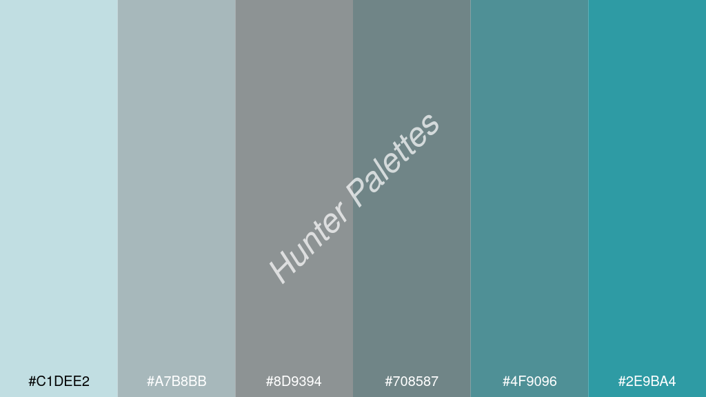 szürke szín palettája a következőkkel: #c1dee2 #a7b8bb #8d9394 #708587 #4f9096 #2e9ba4