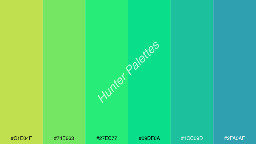 foszforeszkáló zöld szín palettája a következőkkel: #c1e04f #74e663 #27ec77 #09df8a #1cc09d #2fa0af