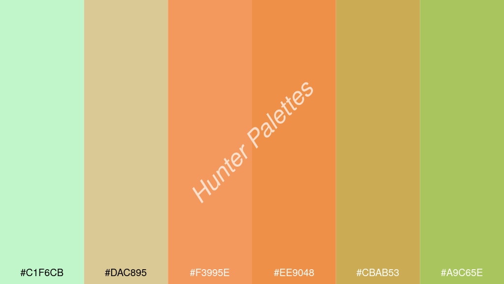 mangó szín palettája a következőkkel: #c1f6cb #dac895 #f3995e #ee9048 #cbab53 #a9c65e