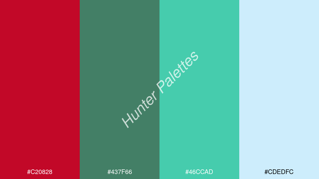 akvamarinzöld szín palettája a következőkkel: #c20828 #437f66 #46ccad #cdedfc