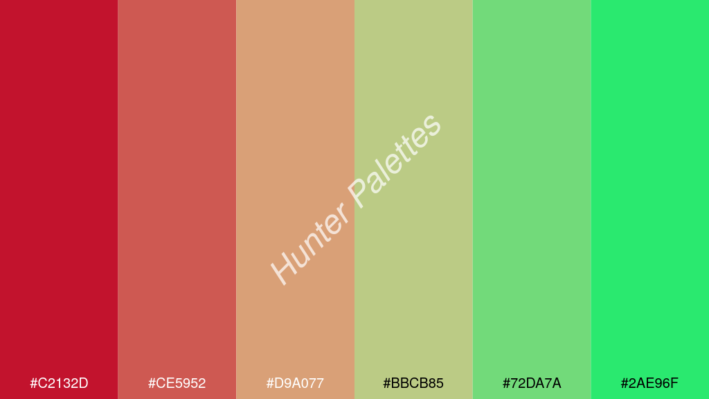 khaki szín palettája a következőkkel: #c2132d #ce5952 #d9a077 #bbcb85 #72da7a #2ae96f