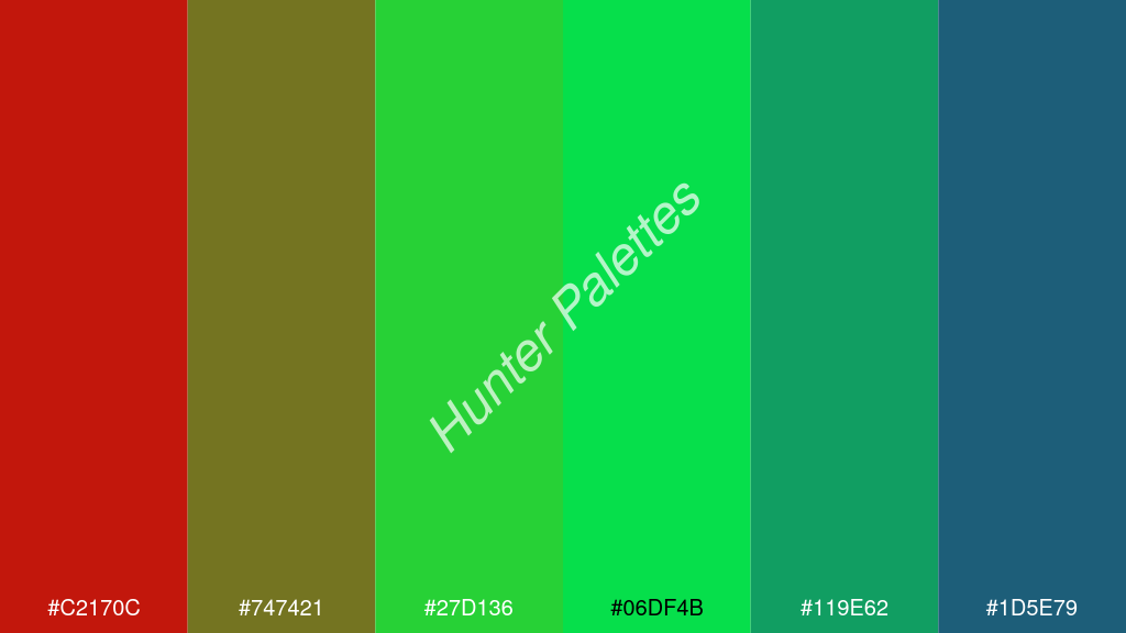 fluoreszkáló zöld szín palettája a következőkkel: #c2170c #747421 #27d136 #06df4b #119e62 #1d5e79