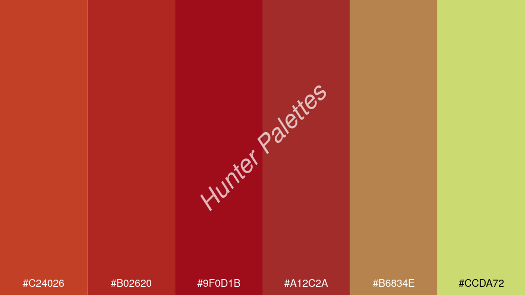 karmazsin szín palettája a következőkkel: #c24026 #b02620 #9f0d1b #a12c2a #b6834e #ccda72