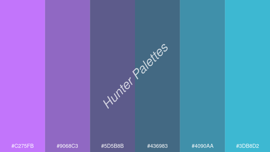 kékes szürke szín palettája a következőkkel: #c275fb #9068c3 #5d5b8b #436983 #4090aa #3db8d2