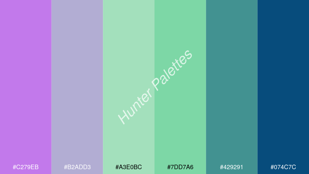 menta szín palettája a következőkkel: #c279eb #b2add3 #a3e0bc #7dd7a6 #429291 #074c7c
