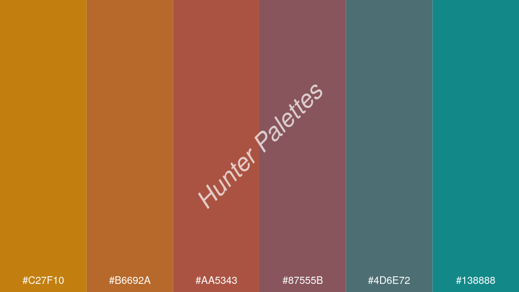 mahagóni szín palettája a következőkkel: #c27f10 #b6692a #aa5343 #87555b #4d6e72 #138888