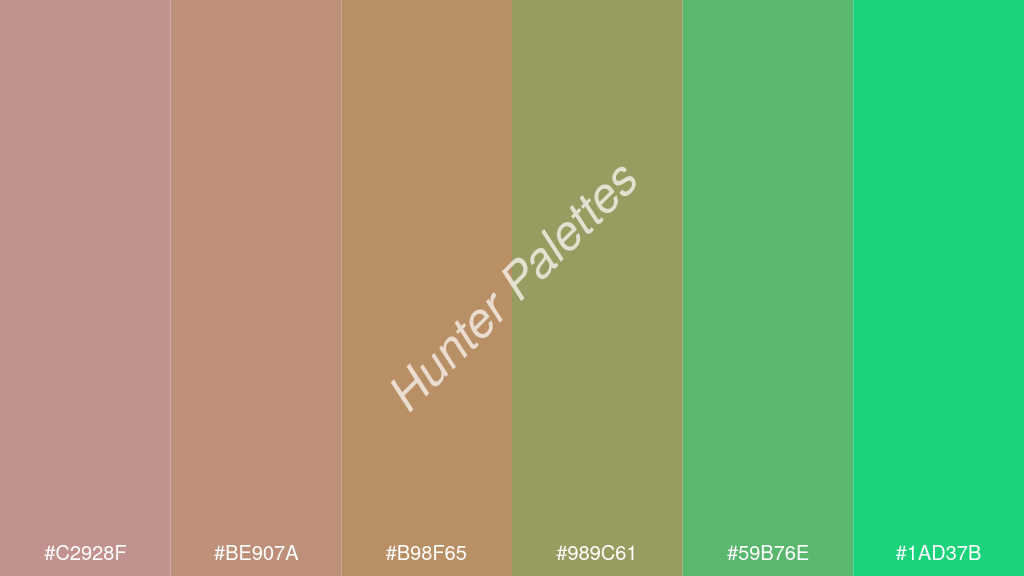 kalua szín palettája a következőkkel: #c2928f #be907a #b98f65 #989c61 #59b76e #1ad37b