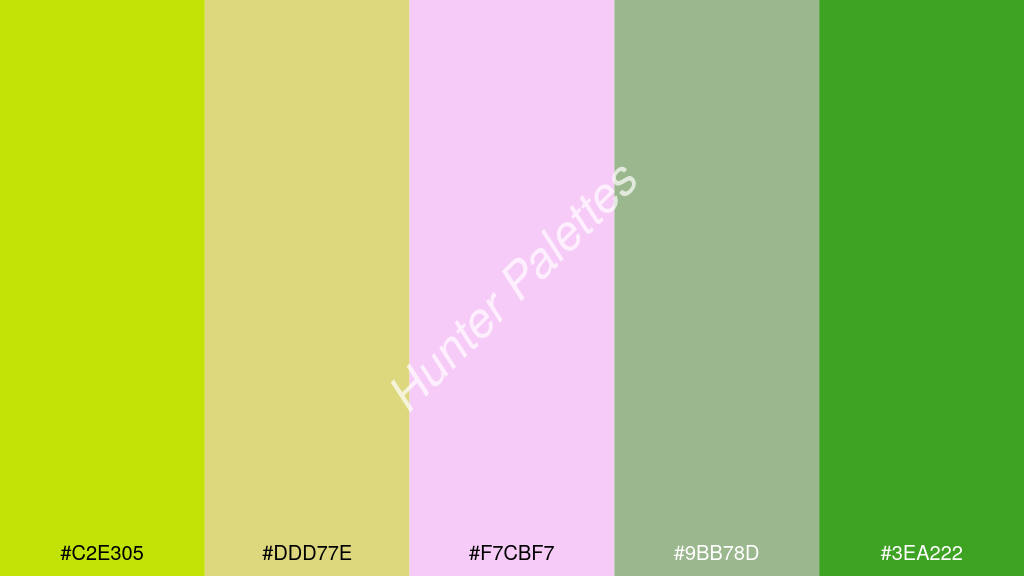 világos rózsaszín szín palettája a következőkkel: #c2e305 #ddd77e #f7cbf7 #9bb78d #3ea222