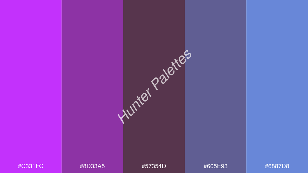 szilva szín palettája a következőkkel: #c331fc #8d33a5 #57354d #605e93 #6887d8