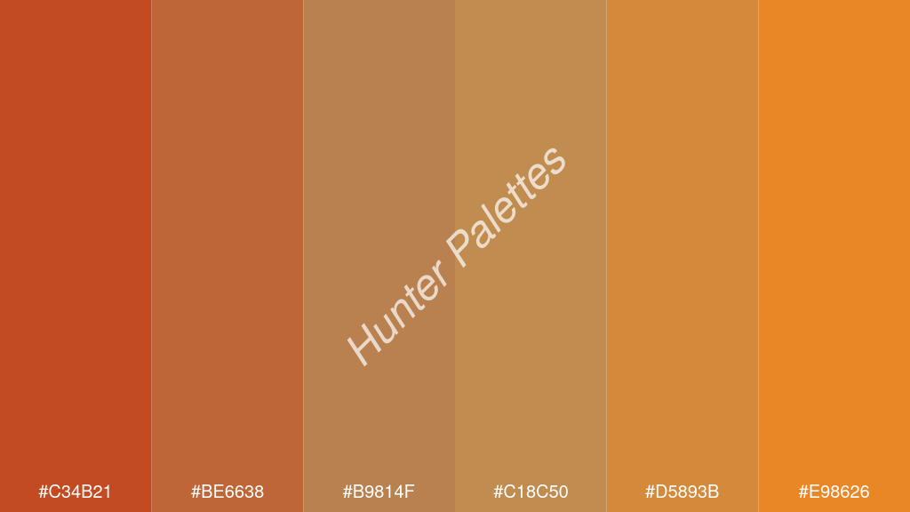 kalua szín palettája a következőkkel: #c34b21 #be6638 #b9814f #c18c50 #d5893b #e98626