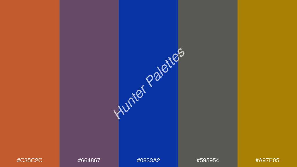 királykék szín palettája a következőkkel: #c35c2c #664867 #0833a2 #595954 #a97e05