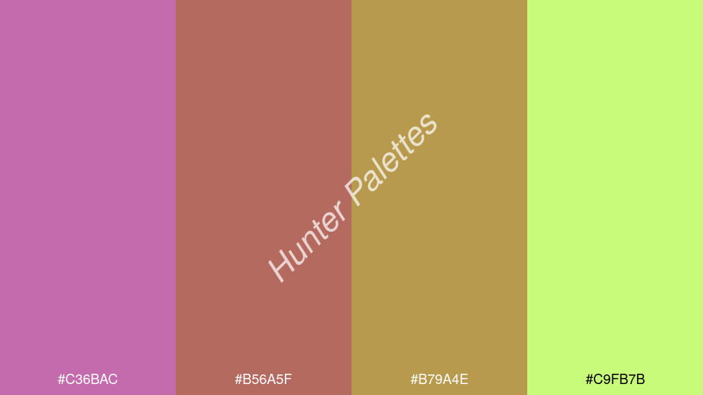 karamell szín palettája a következőkkel: #c36bac #b56a5f #b79a4e #c9fb7b