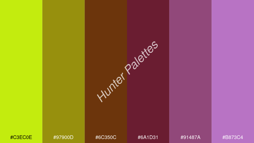 bor szín palettája a következőkkel: #c3ec0e #97900d #6c350c #6a1d31 #91487a #b873c4