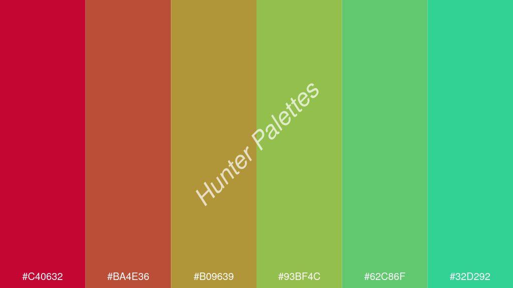 kivi szín palettája a következőkkel: #c40632 #ba4e36 #b09639 #93bf4c #62c86f #32d292