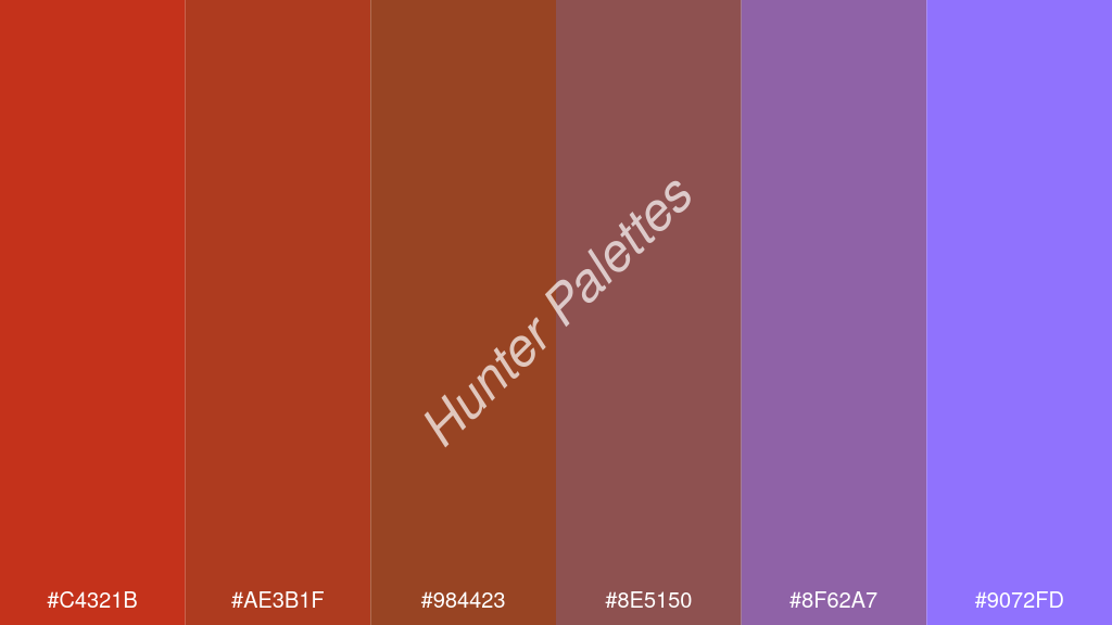 barna szín palettája a következőkkel: #c4321b #ae3b1f #984423 #8e5150 #8f62a7 #9072fd