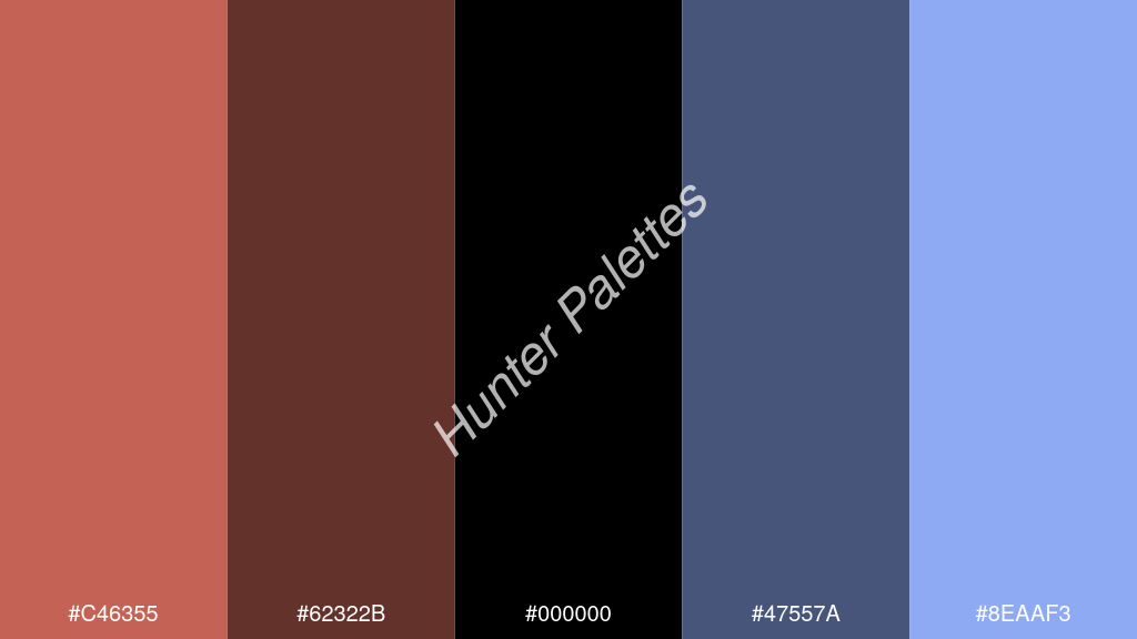 fekete szín palettája a következőkkel: #c46355 #62322b #000000 #47557a #8eaaf3