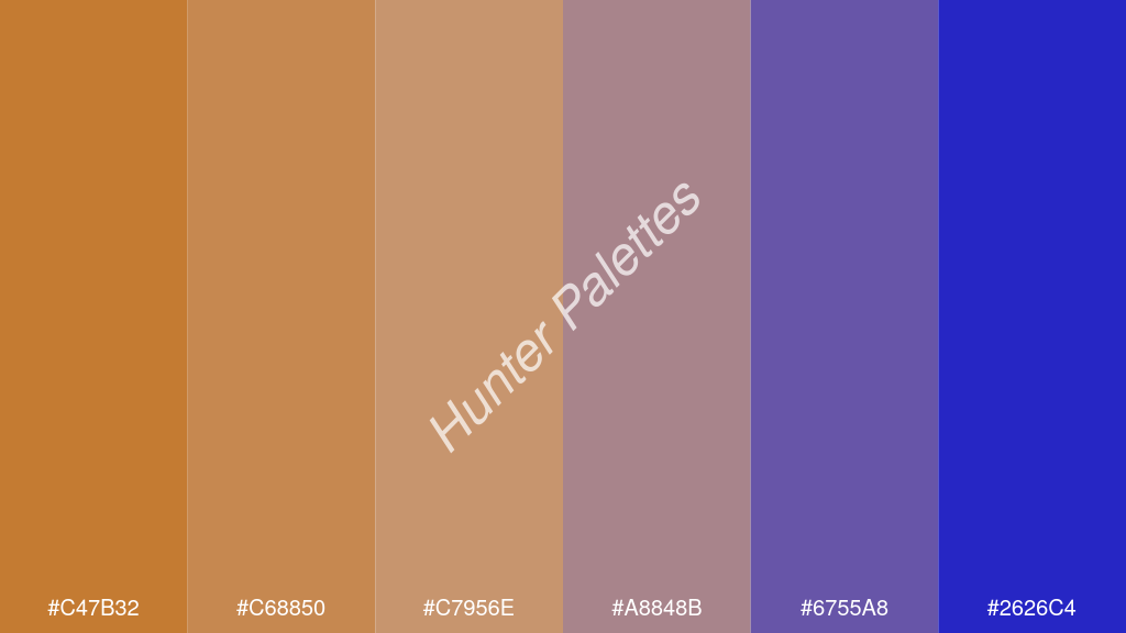 terracotta szín palettája a következőkkel: #c47b32 #c68850 #c7956e #a8848b #6755a8 #2626c4