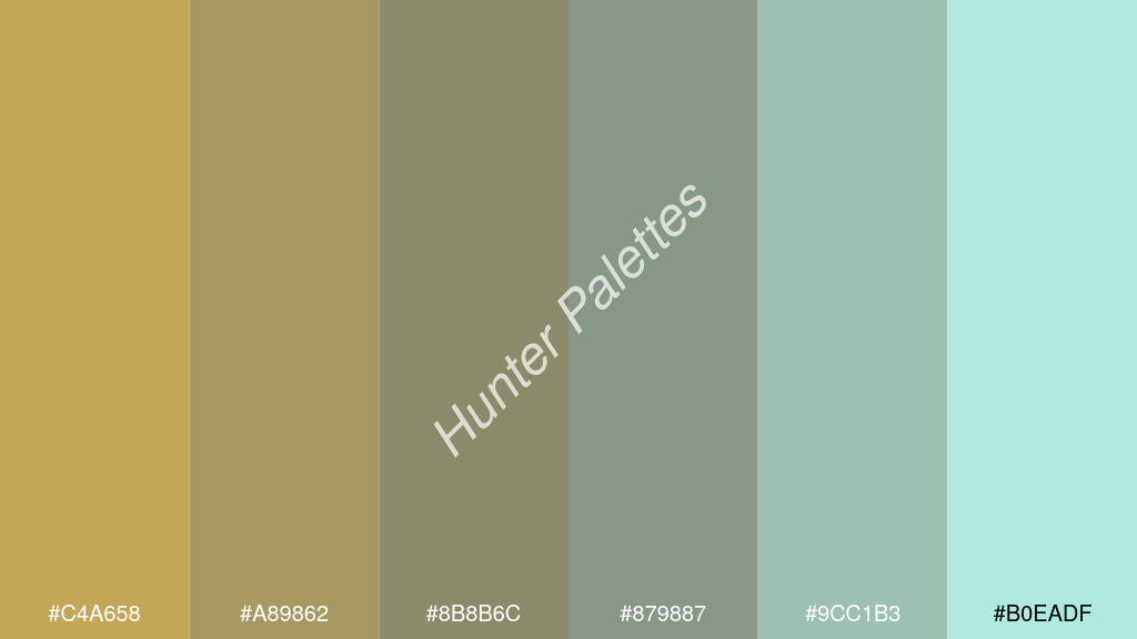 cement szürke szín palettája a következőkkel: #c4a658 #a89862 #8b8b6c #879887 #9cc1b3 #b0eadf