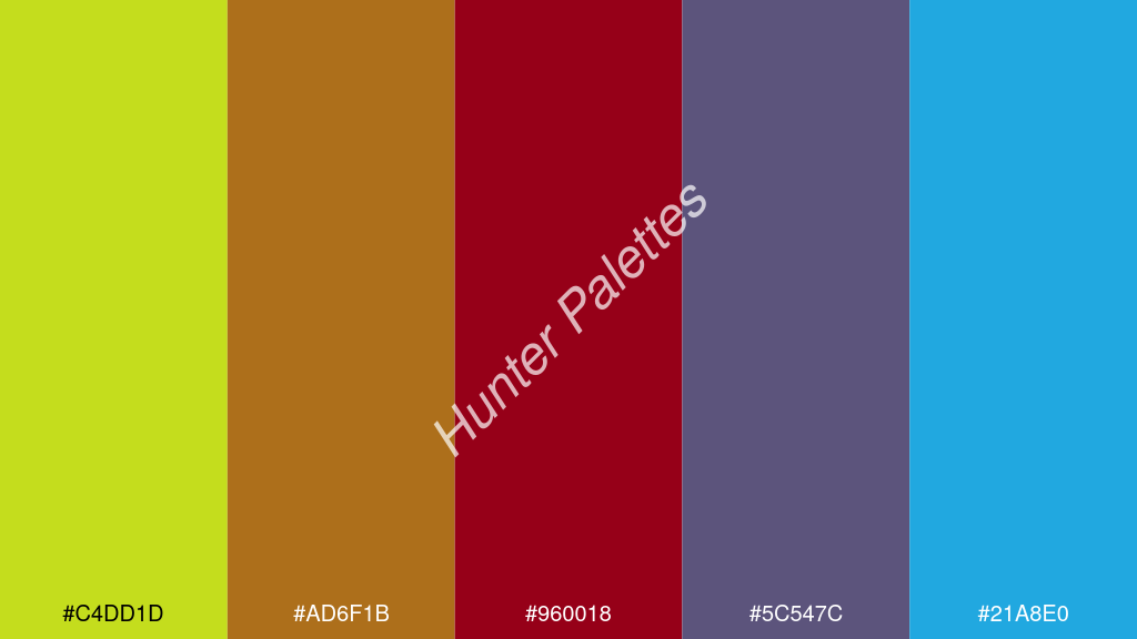 karmazsin szín palettája a következőkkel: #c4dd1d #ad6f1b #960018 #5c547c #21a8e0