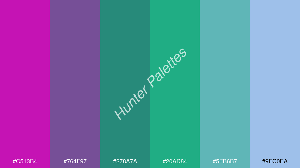 jáde szín palettája a következőkkel: #c513b4 #764f97 #278a7a #20ad84 #5fb6b7 #9ec0ea