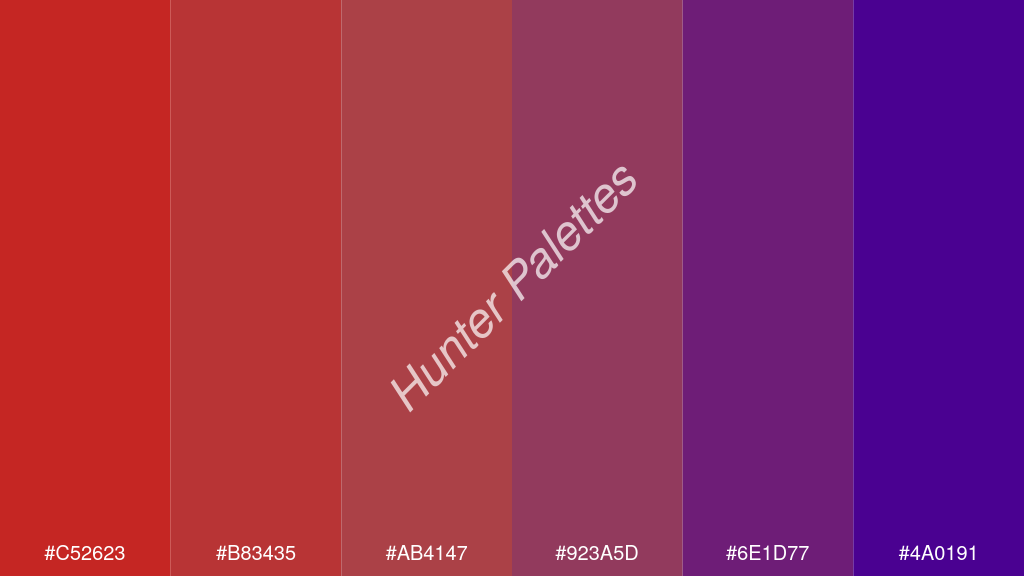 mahagóni szín palettája a következőkkel: #c52623 #b83435 #ab4147 #923a5d #6e1d77 #4a0191