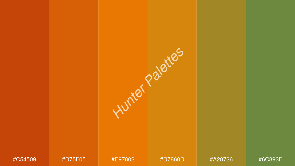 mandarin szín palettája a következőkkel: #c54509 #d75f05 #e97802 #d7860d #a28726 #6c893f