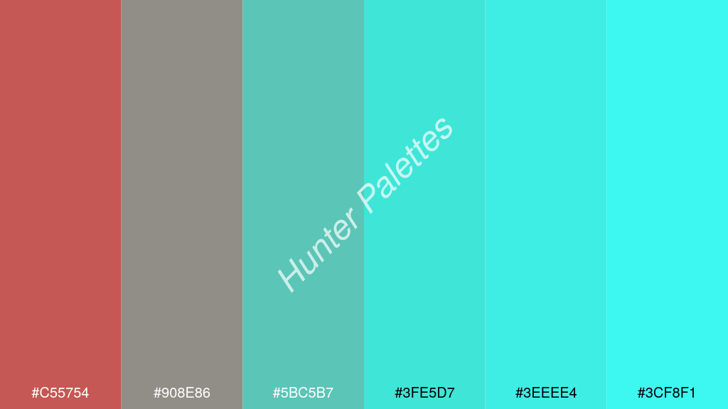 türkiz szín palettája a következőkkel: #c55754 #908e86 #5bc5b7 #3fe5d7 #3eeee4 #3cf8f1