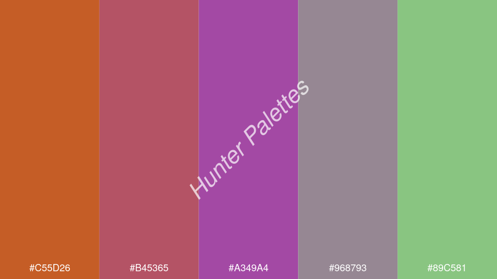 lila szín palettája a következőkkel: #c55d26 #b45365 #a349a4 #968793 #89c581