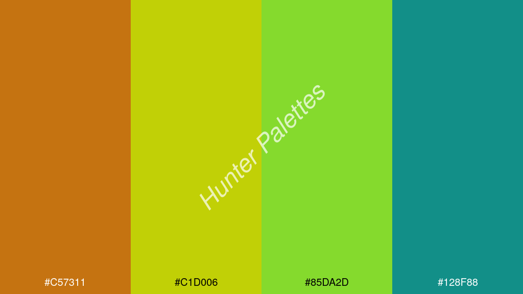 limezöld szín palettája a következőkkel: #c57311 #c1d006 #85da2d #128f88
