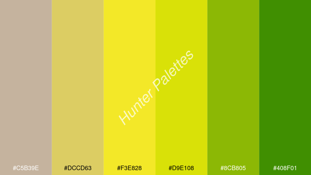 neon sárga szín palettája a következőkkel: #c5b39e #dccd63 #f3e828 #d9e108 #8cb805 #408f01