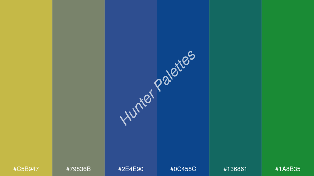 királykék szín palettája a következőkkel: #c5b947 #79836b #2e4e90 #0c458c #136861 #1a8b35