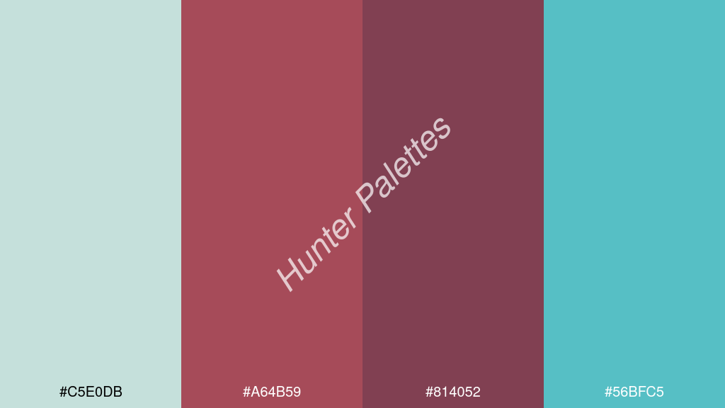 karmazsin szín palettája a következőkkel: #c5e0db #a64b59 #814052 #56bfc5